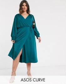 ASOS DESIGN Curve jersey satin wrap midi dress in teal   ASOS at Asos